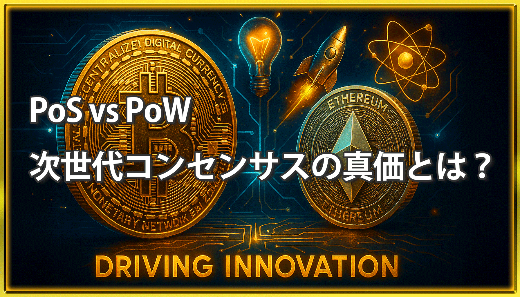 PoWとPoSを象徴するビットコインとイーサリアムのコイン、電球・ロケット・原子モデルが未来技術を示し、「次世代コンセンサスの真価とは？」という問いを強調するイメージ